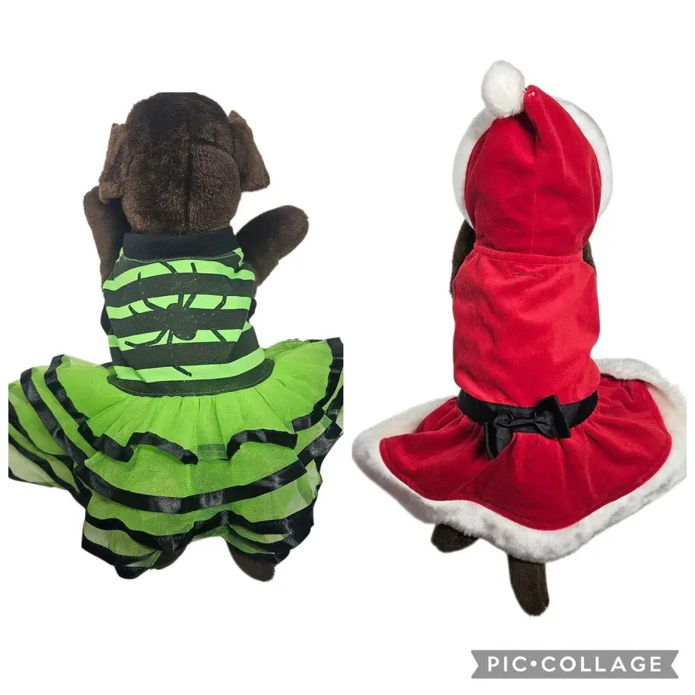 Small Dog Halloween Green/Black Stripe Lighted Spider + Christmas Dress Costumes